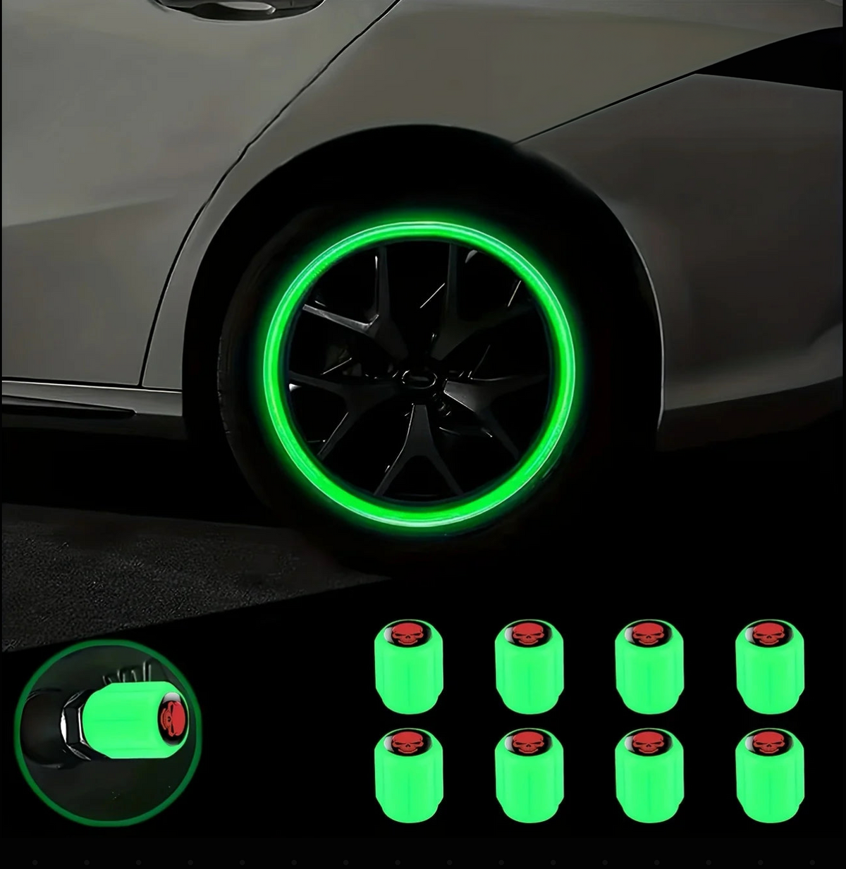 4pc Glow-in-the-Dark Skull Caps, Universal Car SUV Bike Truck Moto, Car Essentials, Portable Durable&Stylish, Gift