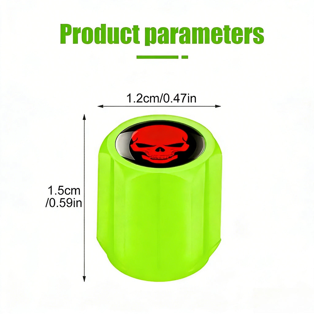 4pc Glow-in-the-Dark Skull Caps, Universal Car SUV Bike Truck Moto, Car Essentials, Portable Durable&Stylish, Gift